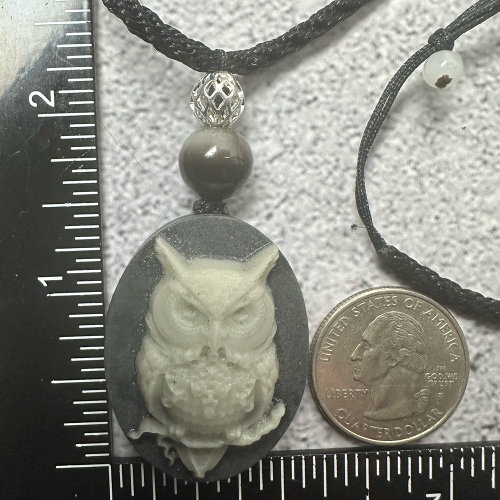 Tai Chi Stone Owl Pendant Necklace on Black Adjustable Rope - Picture 3 of 9